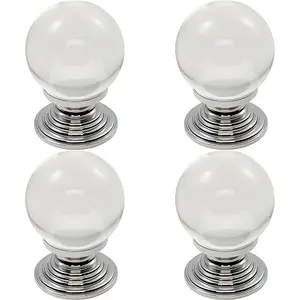 4x Crystal Ball Cupboard Door Knob 30mm Diameter Clear Translucent & Chrome