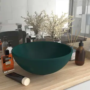 Berkfield Luxury Bathroom Basin Round Matt Dark Green 32.5x14 cm Ceramic