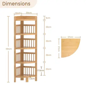 5 Tier Bamboo Corner Storage Shelf - 27cm x 27cm x 110cm