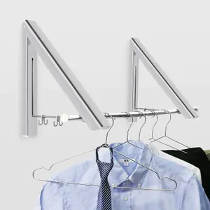 Aluminium Wall Mounted Foldable Folding Clothes Rack - Triangle Hanger - Retractable Clothes Hanging Airer - Indoor Outdoor