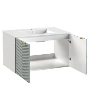 Bathroom Vanity Unit 800mm Sink Basin Modern Wall Hung Cabinet Ribbed Green Cara