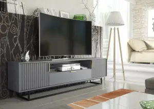 TV Unit 200cm Loft Retro Milled Fronts TV Stand Vintage Cabinet Grey