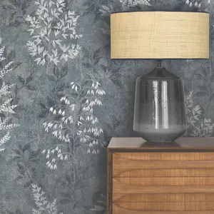 Rasch Texture Effect Garden Leaf Plant Leaves Smooth Metallic Shimmer Wallpaper Navy Blue 284071