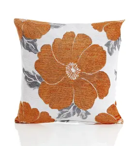 Poppy 55cm x 55cm Luxury Floral Chenille Cushion Orange/Grey