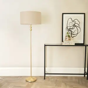 ValueLights Maggie Gold Metal Candlestick Floor Lamp with Natural Fabric Lamp Shade and LED Bulb