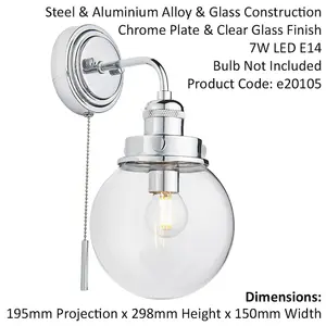 Bathroom Wall Light Fitting - Chrome Plate & Clear Glass Shade - Single Lamp