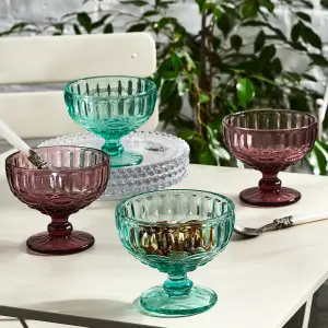 Set of 4 Vintage Turquoise Blue & Pink Glass Trifle Bowl and Dessert Bowls