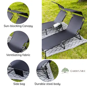 Reclining Sun Lounger with Side Storage Bag - Sun Shade Roof Canopy and 4 Adjustable Modes Chair