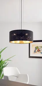 Pendant Ceiling Light Colour Black Shade Black Gold Fabric With Cut Outs Bulb E27 3x40W