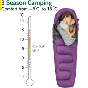 Trail Kids Sleeping Bag Mummy Hooded 3 Season Soft Warm 2 Way Zip Purple Boys Girls