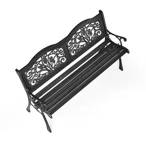 2 Seater Black Metal Wood Garden Patio Bench with Backrest