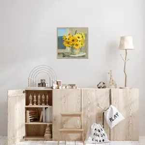 Sunflowers By The Sea Crop Light by Danhui Nai - Painting Natural Wood Framed Paper Print / 55cm H x 55cm W