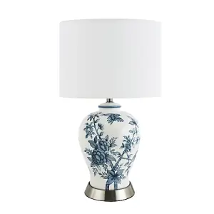 Traditional White Gloss Ceramic Lamp Base with Navy Blue Floral and Bird Decor