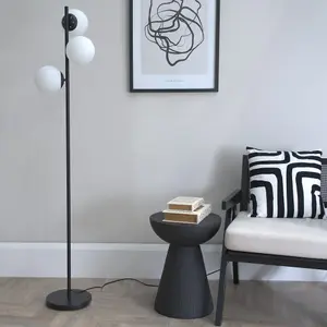 ValueLights Jas Black 3 Way Floor Lamp with White Frosted Glass Globe Shades