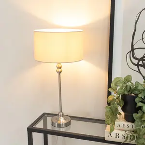 ValueLights Maggie Brushed Chrome Candlestick Slim Table Lamp with Natural Fabric Drum Lamp Shade