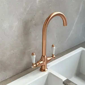 Liquida W22CP Traditional Swivel Spout Twin Lever Copper Kitchen Mixer Tap