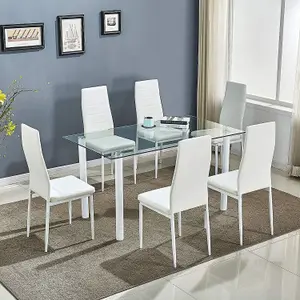 Dining Table Set of 6 Glass Table With 6 Chairs Kitchen Dining Table with 6 white Leather Chairs Furniture Kosy Koala