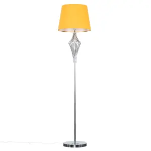 ValueLights Jaspa Chrome Metal Wire Geometric Diamond Design Floor Lamp with Mustard Tapered Shade with LED GLS Bulb in Warm White