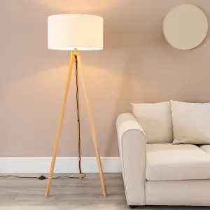 ValueLights Barbro Wooden Tripod Floor Lamp with Natural Linen with White Trim Drum Shade and LED Bulb