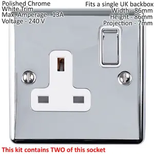 CHROME Bedroom Socket & Switch Set- 1x Light Switch & 2x UK Power Sockets