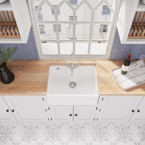 595mm - Fireclay Butler Kitchen Sink - Tap Ledge,  Overflow, Classic Tap & Waste