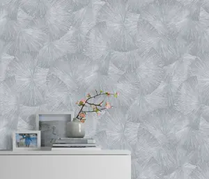 Luxurious Designer Japandi Fan Design Textured Vinyl Wallpaper with Metallic Highlights in Silver