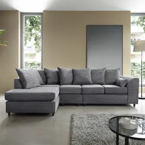 Jumbo Large Grey Cord Left Facing Corner Sofa for Living Room with Thick Luxury Deep Filled Cushioning