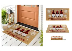 A.Unique Home 15mm Natural Coir Doormat with Printed Pattern 40cm x 80cm - Non-Slip PVC Backed - GNOME XMAS MAT