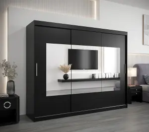 Torino Spacious Mirrored Sliding Door Wardrobe with Hanging Rails And Shelves -Black Matt (H)2000mm  (W)2500mm x (D)620mm)