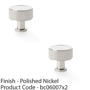 2 PACK - Round Reeded Door Knob 35mm Diameter Polished Nickel Lined Cupboard Pull Handle