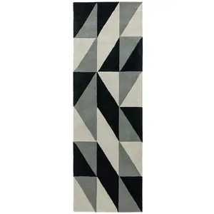 Grey Luxurious Modern Wool Chequered Geometric Handmade Rug For Living Room Bedroom & Dining Room-120cm X 170cm