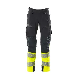 Mascot Accelerate Safe Trousers with Kneepad Pockets - Dark Navy/Hi-Vis Yellow   (40.5) (Leg Length - Short)