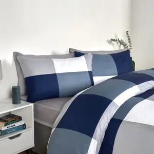 Gingham Check Duvet Cover Bedding Quilt Set Reversible, Navy - Superking