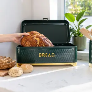 KitchenCraft Steel Bread Bin Green Kitchen Food Storage with Lid Retro