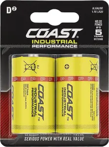 Coast Industrial Performance Alkaline Batteries D Cell 2 Pack