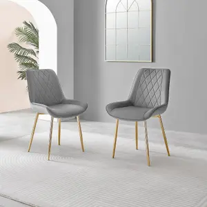 Furniturebox UK 4 Seater Dining Set - Novara 100cm Gold Round Glass Dining Table and Chairs - 4 Grey Velvet Pesaro Gold Chairs