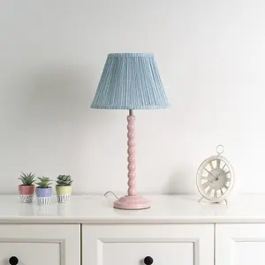 ValueLights Bobbles Rose Pink Bobbin Table Lamp with Blue Pleated Shade