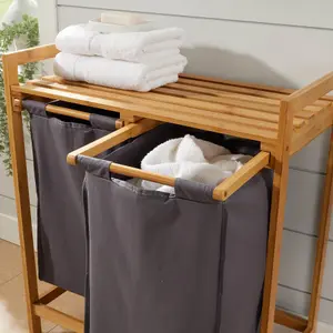 Home Source Walton Bamboo Laundry Basket with 2 Grey Fabric Compartments Storage Unit