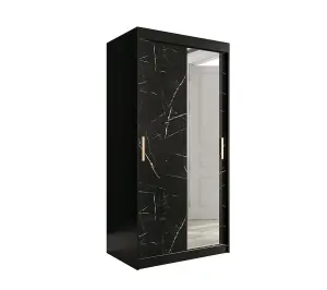 Compact Black Geneva T2 Sliding Door Wardrobe W1000mm H2000mm D620mm - Sleek Design, Gold Handles, Mirrored Door