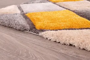 Diamond Ochre Shaggy Geometric Optical Modern Sparkle Rug for Living Room and Bedroom-80cm X 150cm