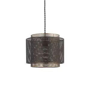 Luminosa Plexus 1 Light Cylindrical Pendant Matt Black Paint, Antique Brass Mesh , E27