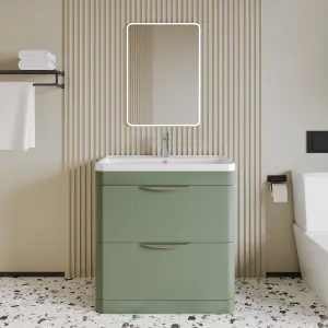 Floor Standing 2 Drawer Vanity Unit with Polymarble Basin - 800mm - Satin Green