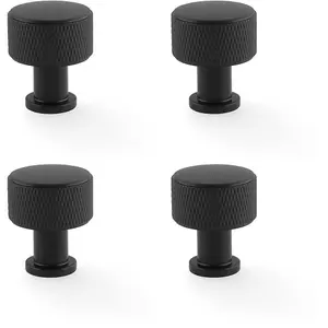 4 PACK - Round Knurled Door Knob - 29mm Diameter Matt Black Radio Cupboard Pull Handle