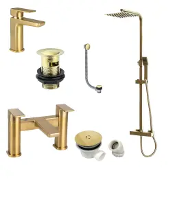 Brushed Brass Shower Kit Rigid Riser Over Head Rainfall & Brushed Brass Basin Tap, Bath Filler Mixer Pack