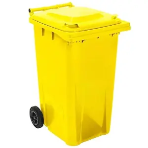 Large 240 Litre Yellow Coloured Outdoor Council Wheelie Bins Complete With Lid And Wheels