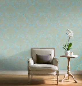 Grandeco Capri  Damask Distressed Italian Plaster Wallpaper, Teal