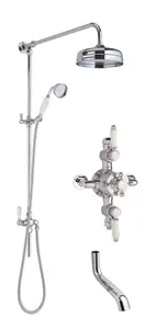 Traditional Shower Triple Exposed Valve with Rigid Riser Shower & Bath Spout Set - Chrome/White - Balterley