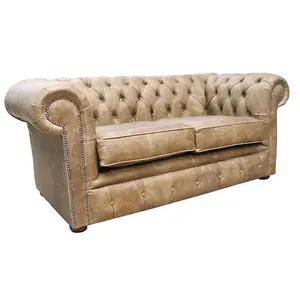 Chesterfield Handmade 2 Seater Settee Sofa Cracked Wax Tan Real Leather