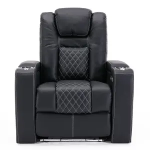 Broadway Cinema Electric Recliner Chair USB Charging Led Base (Black w White Stitching)