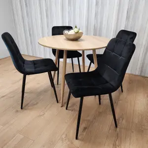 Round Oak Effect Kitchen Dining Table With 4 Black Velvet Tufted Chairs Dining Set